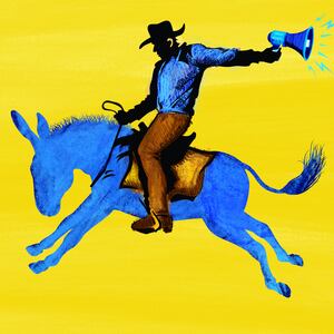 A photo illustration of a cowboy with a megaphone riding a bucking democrat blue donkey.