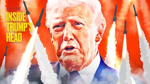 Inside Trump's Head photo illustration of Donald Trump with rockets flying around him.