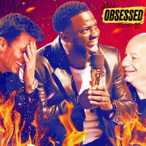 A photo illo illustration of Tom Brady, Kevin Hart, and Jeff Ross for The Obsessed podcast.