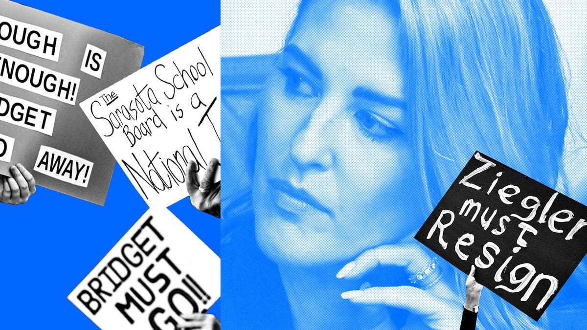 A photo illustration of Bridget Ziegler surrounded by people holding posters encouraging her ouster.