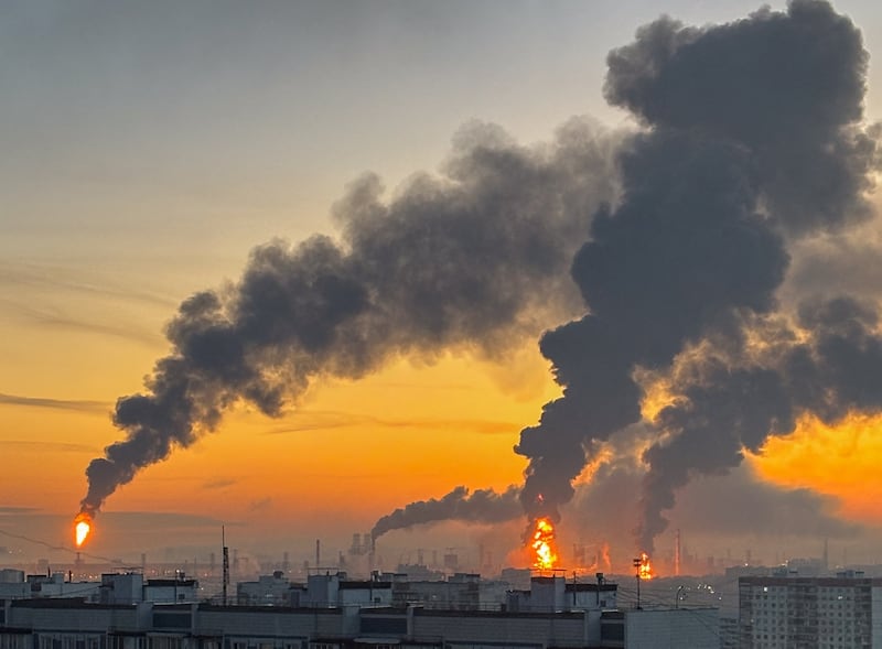 Plumes of smoke rise from fires (right) at an oil refinery following what the authorities say is a Ukrainian drone strike in the course of the Russia-Ukraine conflict, in Moscow, Russia, September, 20, 2026.