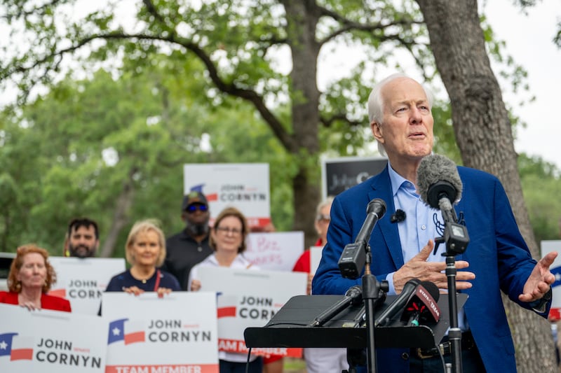 Sen. John Cornyn speaks during a news conference after casting his vote during early voting in the primary runoff at the Circle C Community Center on May 18, 2026 in Austin, Texas. Sen. Cornyn and Texas Attorney General Ken Paxton are facing each other in the 2026 Texas Republican primary runoff.