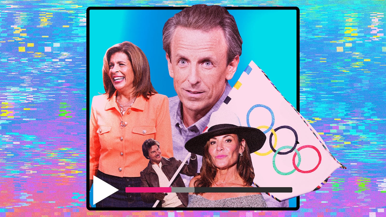Tom Cruise at the Olympics, Seth Meyers, Luann de Lesseps, and Hoda Kotb in a video player illustration.