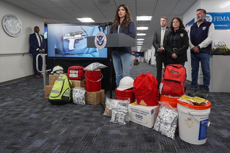 WASHINGTON, DC - JANUARY 24: U.S. Secretary of Homeland Security Kristi Noem speaks during a news conference in the National Response Coordination Center at the Federal Emergency Management Agency (FEMA) headquarters on January 24, 2026 in Washington, DC. Federal immigration agents shot and killed another U.S. citizen on Saturday morning, later identified as Alex Pretti, during operations in Minneapolis, Minnesota. (Photo by Al Drago/Getty Images)
