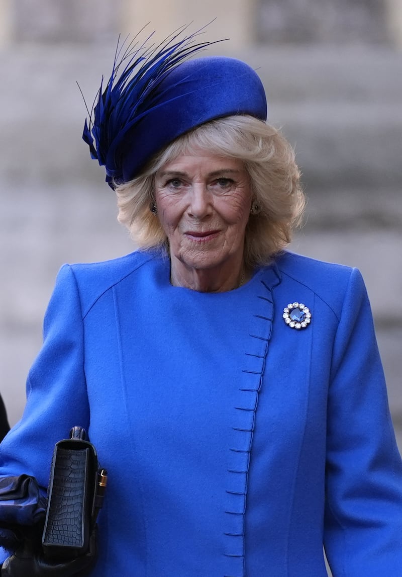 Queen Camilla attends the ceremonial welcome at the start of a State Visit to the United Kingdom by German President Frank-Walter Steinmeier on December 3, 2025 in Windsor, England.