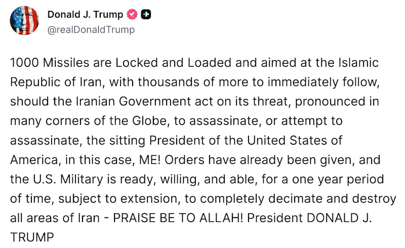 Donald Trump Truth Social post about Iran