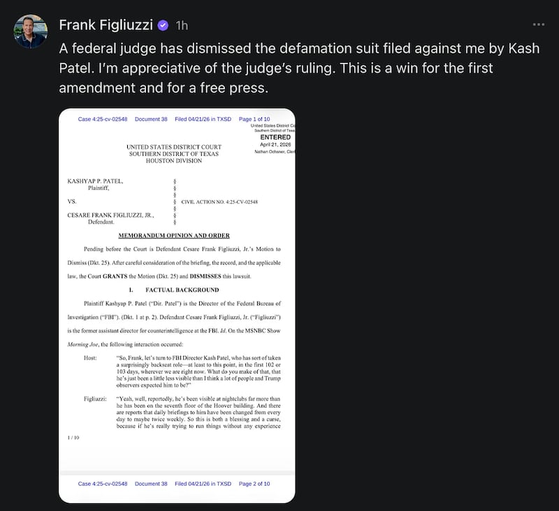 Frank Figliuzzi posts on his legal win on Substack.