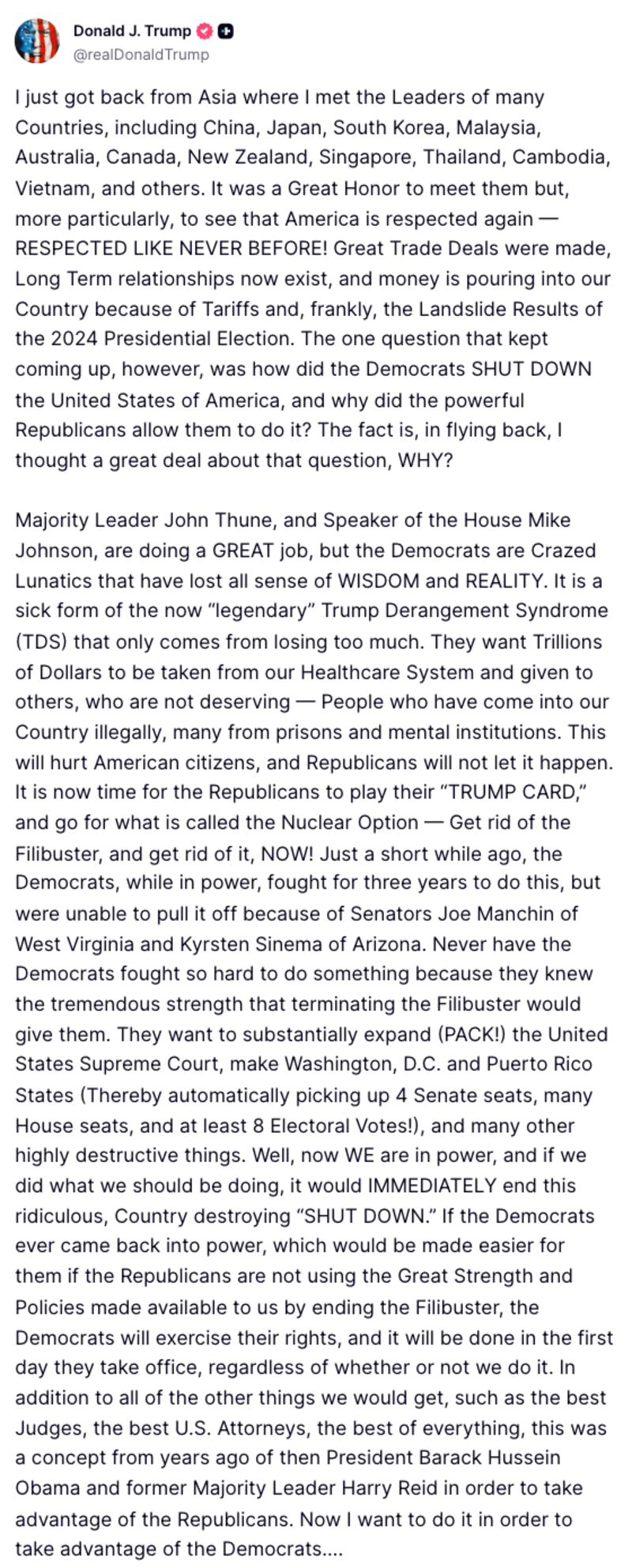 Trump Truth Social post