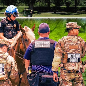 A photo illustration illo of National Guard, US Park Police, and US Marshals and the D.C. Reflecting Pool.
