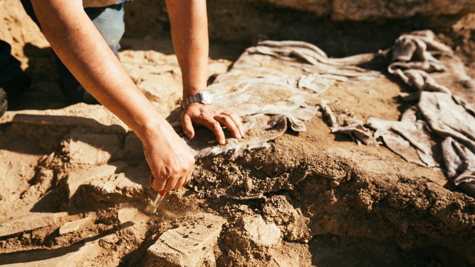 Close up of a man hand using a brush to Dust Pottery at Archaeological Site