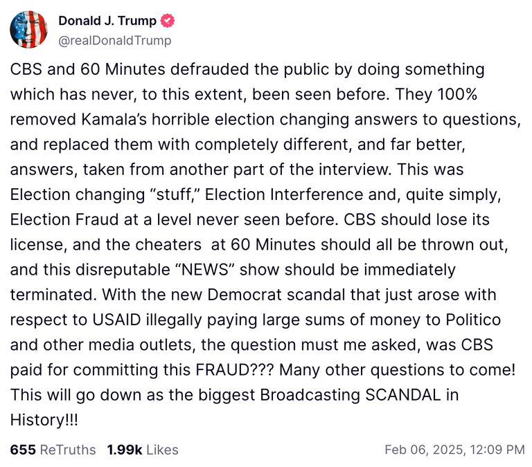 Trump Calls for 60 Minutes to be ‘Terminated’ And Tries to Rope CBS ...