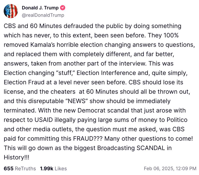 Trump Calls for 60 Minutes to be ‘Terminated’ And Tries to Rope CBS ...