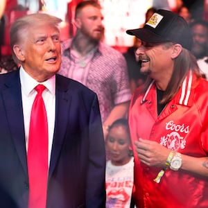 MIAMI, FLORIDA - APRIL 08: (L-R) Former U.S. President Donald Trump and musician Kid Rock are seen in attendance during the UFC 287 event at Kaseya Center on April 08, 2023 in Miami, Florida. (Photo by Jeff Bottari/Zuffa LLC via Getty Images)
