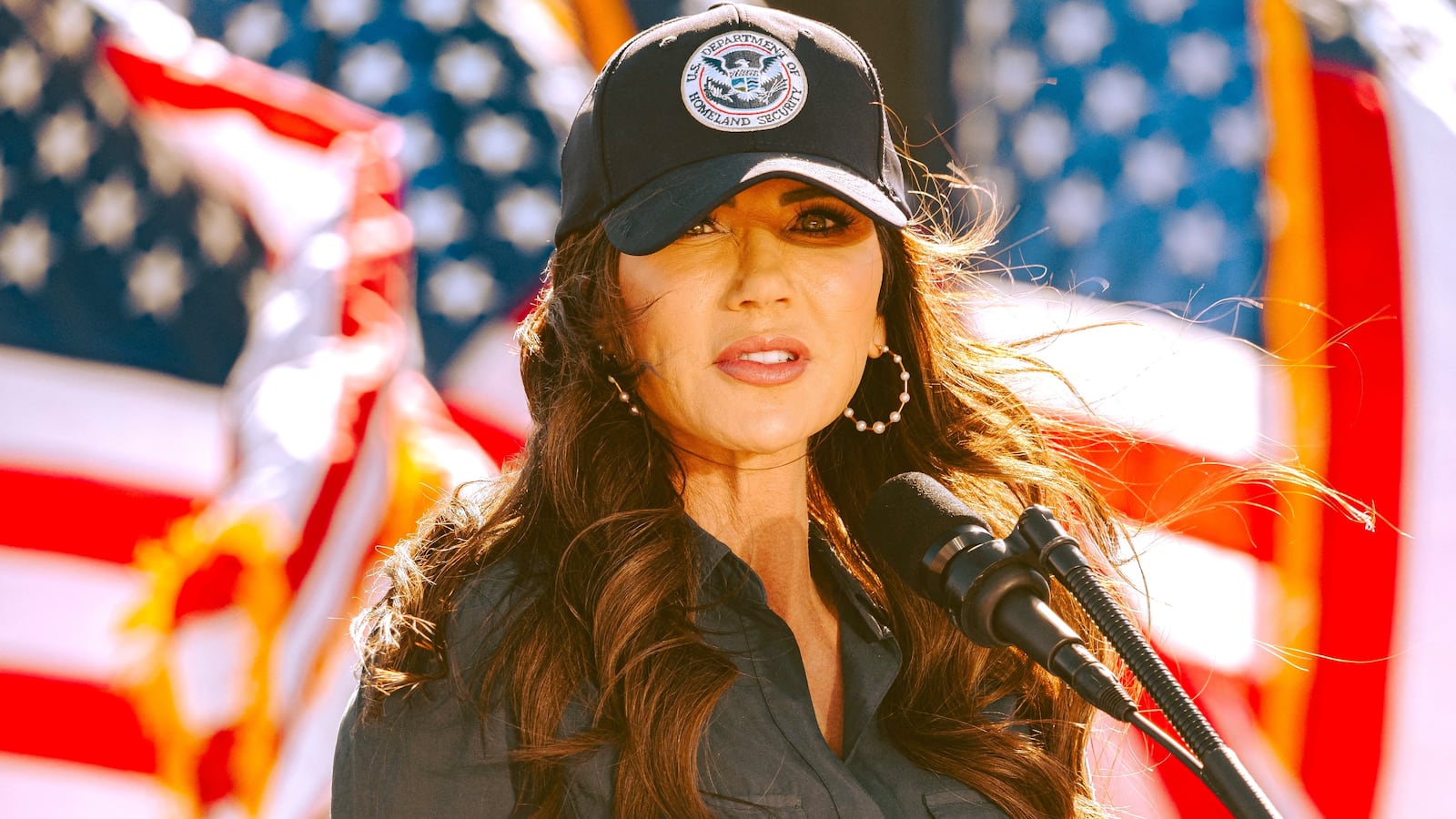 Homeland Security Secretary Kristi Noem speaks during a press conference in Nogales, Arizona, on February 4, 2026.