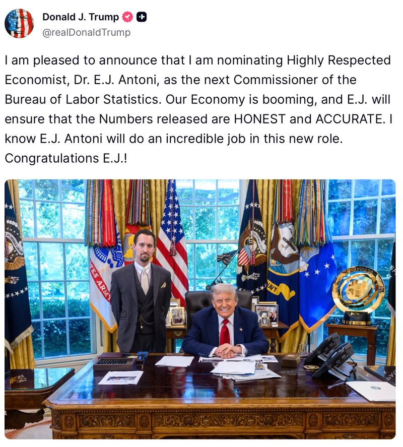 Donald Trump's Truth Social post about E.J. Antoni from August.