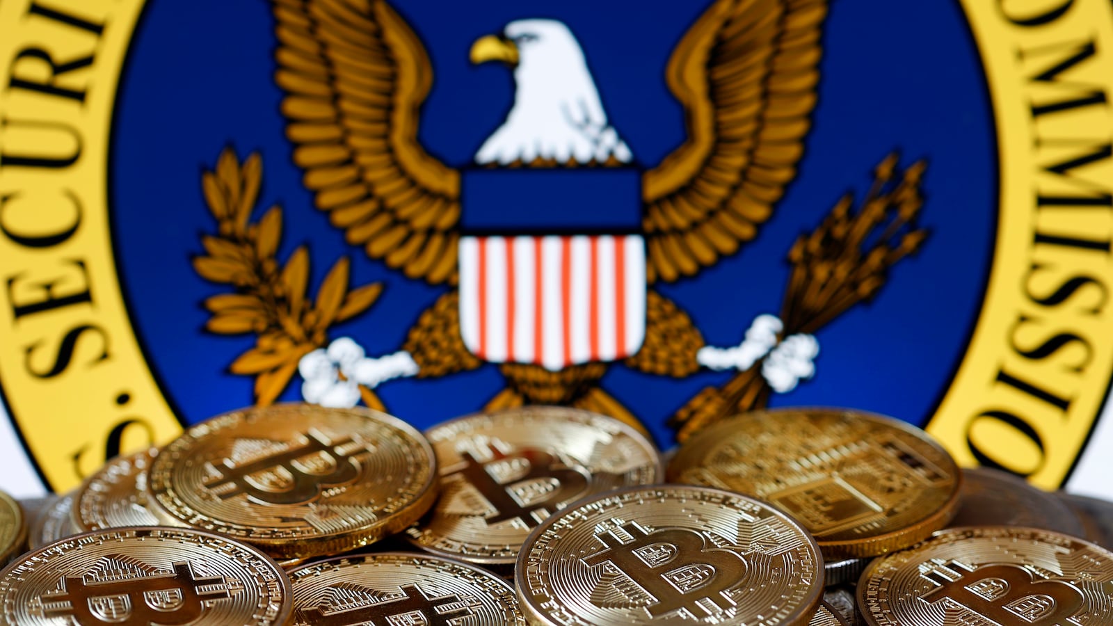 digital cryptocurrency Bitcoin is displayed in front of Securities and Exchange Commission