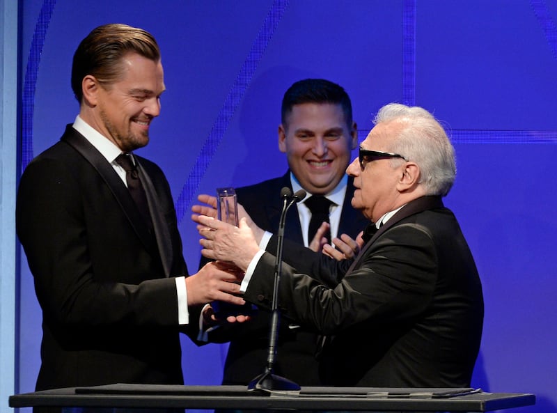 Cinematic Imagery Award from actors Leonardo DiCaprio (L) and Jonah Hill during 18th Annual Art Directors Guild Excellence in Production Design Awards