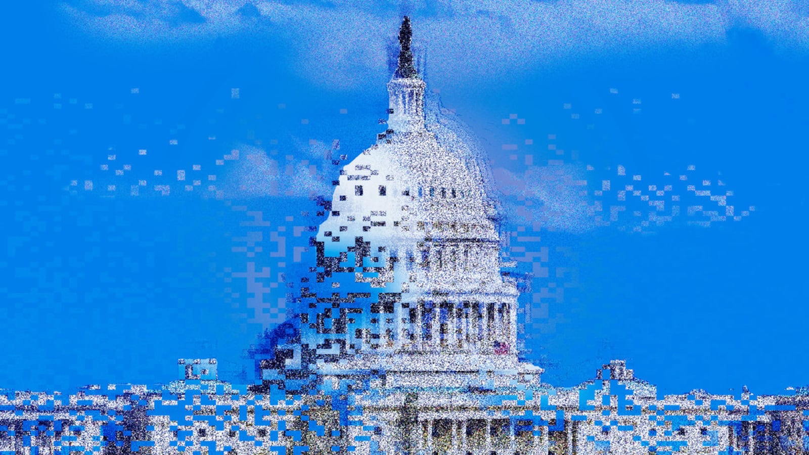 Alt text: A photo illustration showing the U.S. government’s capitol building dissolving into digital pixels.