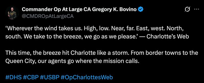 Gregory Bovino quotes Charlotte's Web in his post about