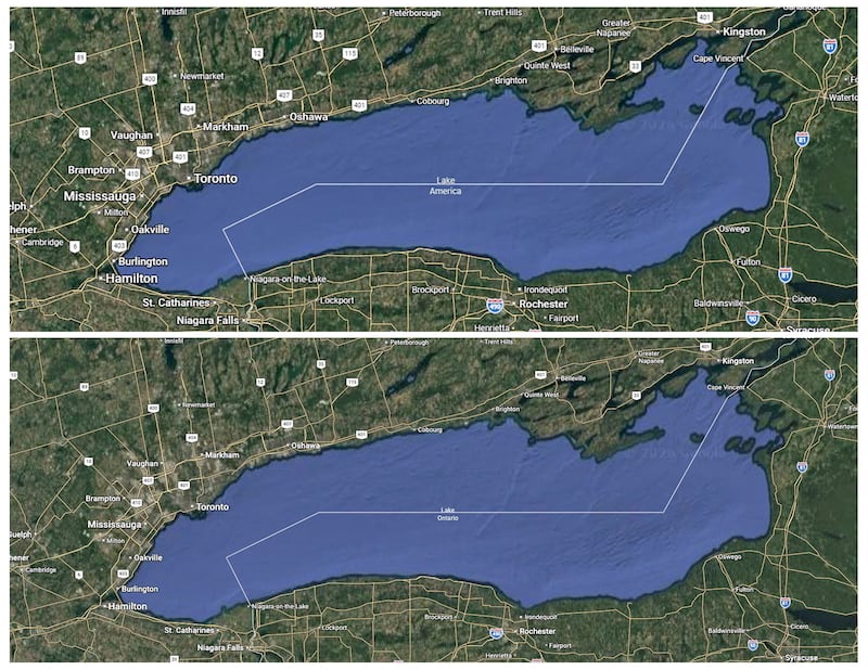 Maps showing the names Lake America (top), viewable only to U.S.-based users and Lake Ontario (bottom), viewable only to Canada-based viewers, that appear on Google Maps pages of the service August 30, 2026, after U.S. President Donald Trump announced that he was changing the name of the smallest of the five Great Lakes, in a combination of screenshots. Google/Handout via REUTERS. NO RESALES. NO ARCHIVES. MANDATORY CREDIT. THIS IMAGE HAS BEEN SUPPLIED BY A THIRD PARTY