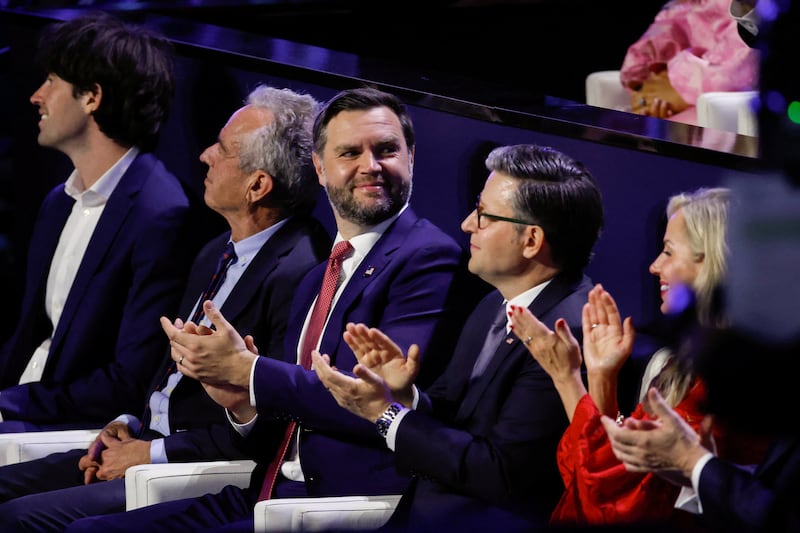 U.S. Vice President JD Vance and U.S. House Speaker Mike Johnson (R-LA) applaud during the Republican National Midterm Convention in Dallas, Texas, U.S., September 9, 2026.