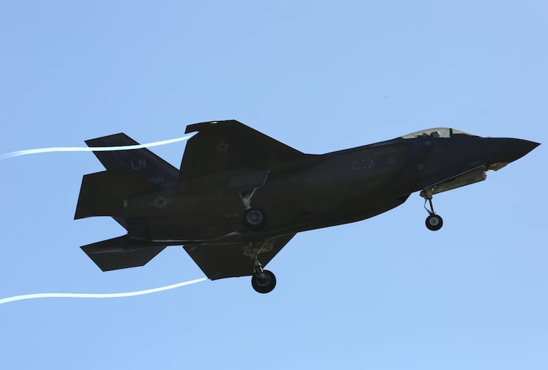 An image of an F-35 as seen landing at Lakenheath. An F-35 made a safe emergency landing after taking what is believed to be Iranian fire.