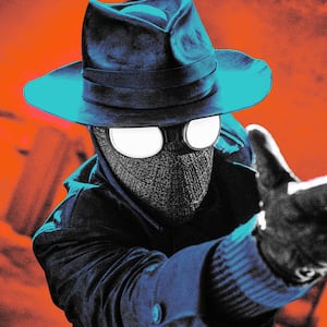 A photo illo illustration of Nicolas Cage as The Spider in Spider-Noir.
