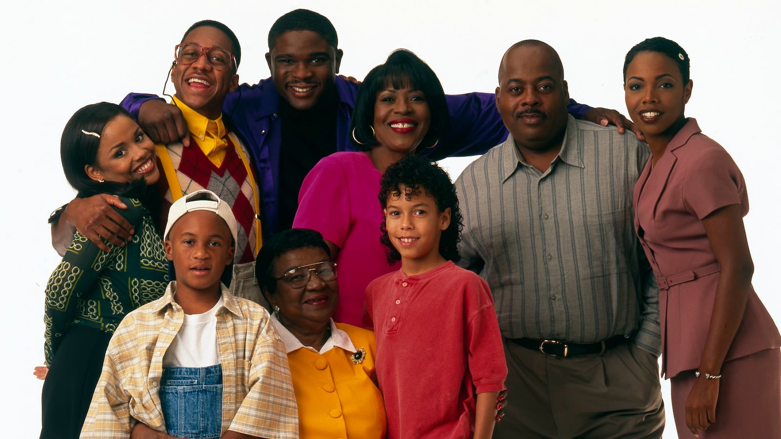 Family Matters cast: (Back Row) Michelle Thomas, Jaleel White, Darius Thomas, JoMarie Payton, Reginald VelJohnson, Kellie Shanygne. (Front Row) Orlando Brown, Rosetta Lenoire, Bryton James.