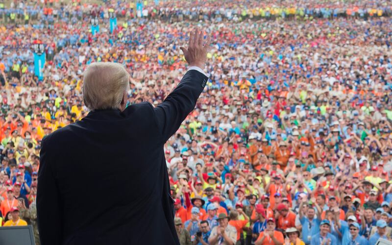 President Donald Trump waves after speaking to Boy Scouts during the National Boy Scout Jamboree at Summit Bechtel National Scout Reserve in Glen Jean, West Virginia, July 24, 2017.