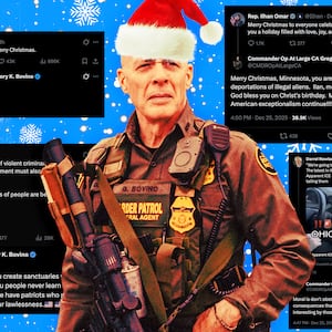 A photo illustration of Greg Bovino surrounded by his Christmas day X Tweets.