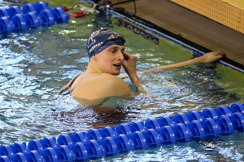 Mar 19, 2022; Atlanta, Georgia, USA; Penn Quakers swimmer Lia Thomas after the 100 free at the NCAA Swimming & Diving Championships at Georgia Tech. Mandatory Credit: Brett Davis-USA TODAY Sports
