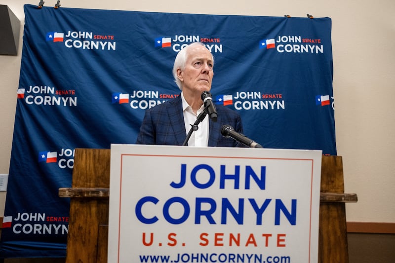 Senator John Cornyn speaks during a campaign for re-election in Schertz, Texas March 2, 2026 as he tries to win a fifth term despite a heated primary.