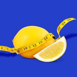 Photo illustration of a lemon with a tape measure around it