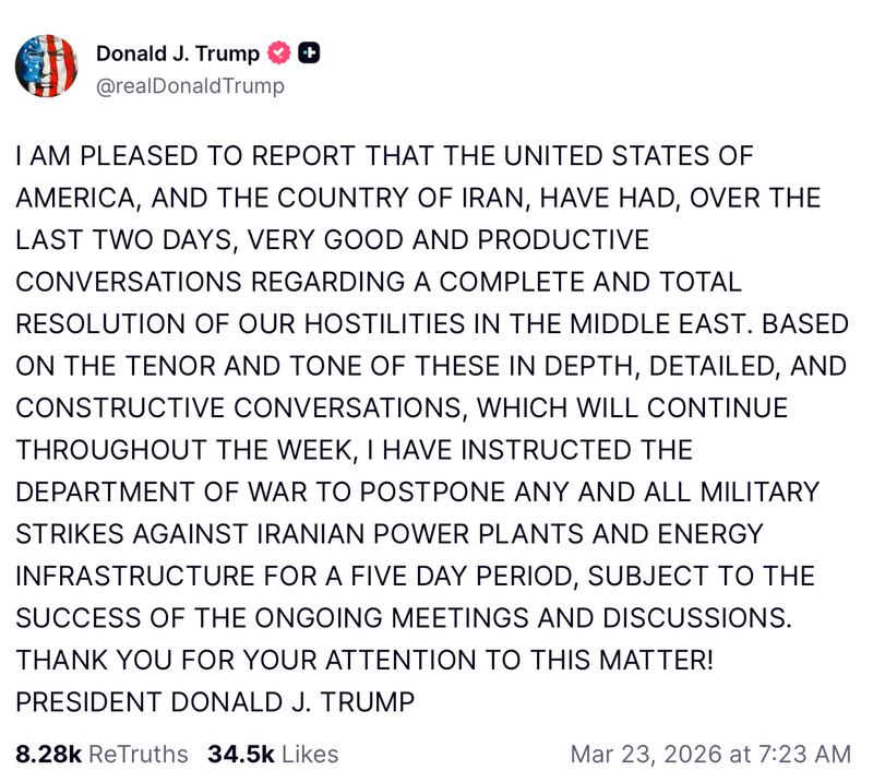 Trump's post claiming successful talks with Iran, information Tehran disputed. Donald J. Trump/Truth Social.