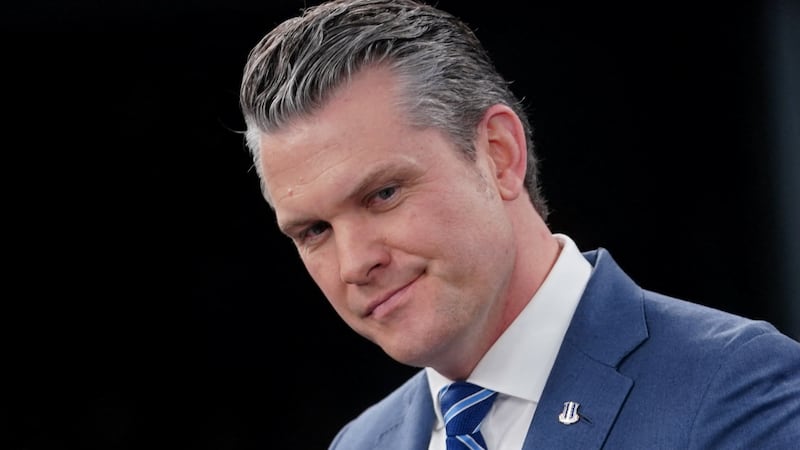 U.S. Secretary of Defense Pete Hegseth and Chairman of the Joint Chiefs of Staff General Dan Caine hold a briefing on the Iran war, at the Pentagon in Washington, D.C., U.S., April 16, 2026.