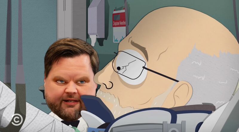 South Park, JD Vance staring down Brendan Carr in his hospital bed.