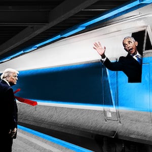 Donald Trump being left by Obama's High-Speed Rail