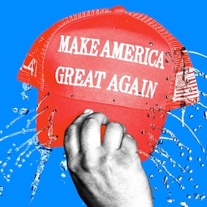 Illo illustration of a person holding a MAGA hat that is leaking water