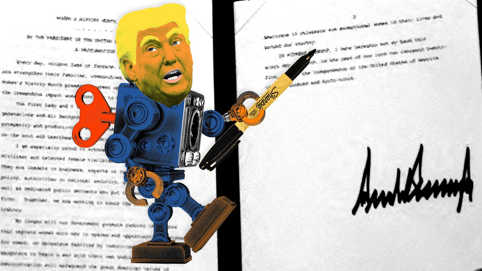 Robot Donald Trump with a gold foil on top of a signed executive order