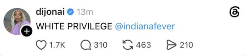 DiJonai Carrington posted on Threads almost ommediately after getting ejected from the game for a flagrant foul on Sophie Cunningham.