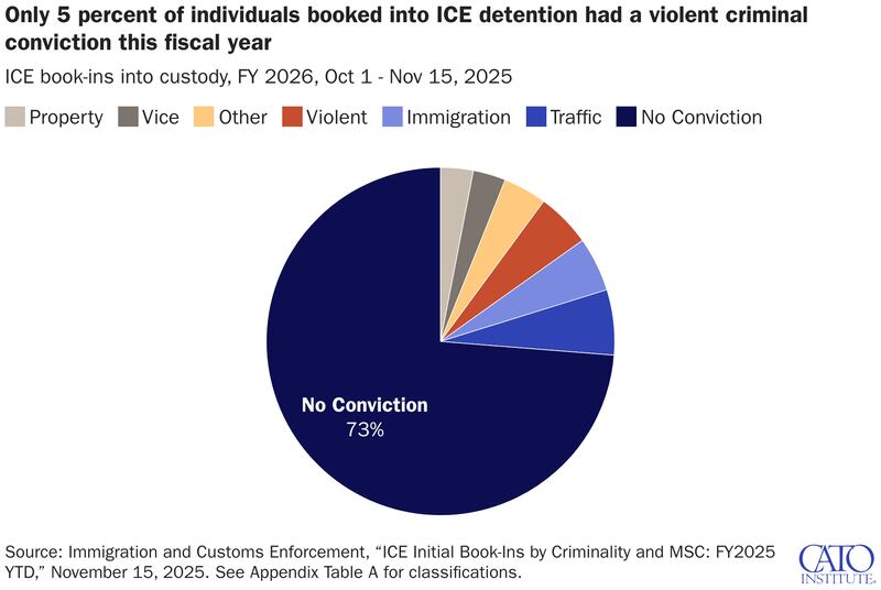 Only 5 percent of individuals booked into ICE detention had a violent criminal conviction this fiscal year.