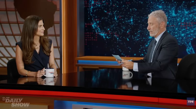 Kaitlan Collins and Jon Stewart