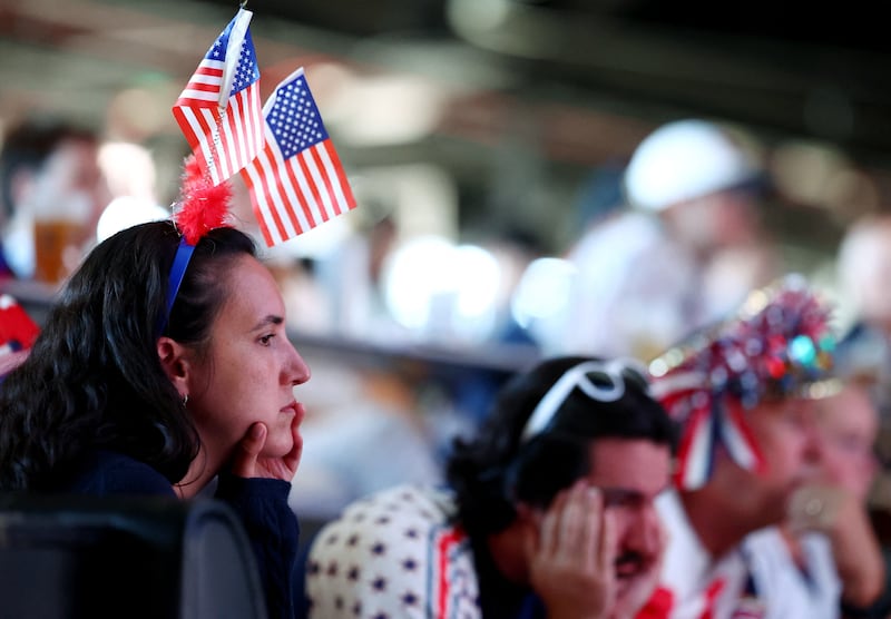 Soccer Football - FIFA World Cup 2026 - Round of 16 - United States v Belgium - Fans gather in Los Angeles - Cosm, Los Angeles, California, U.S. - July 6, 2026 U.S. fans react during the match at Cosm Los Angeles IMAGN IMAGES via Reuters/Jessie Alcheh