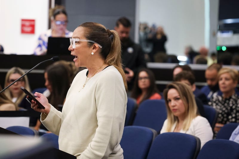 Adelys Ferro, a Venezuelan American activist, speaks against an item that would train the Doral Police Department in ICE protocols during a City Council meeting on Wednesday, April 16, 2025, at the City of Doral Government Center in downtown Doral, Florida. (Alie Skowronski/Miami Herald/Tribune News Service via Getty Images)