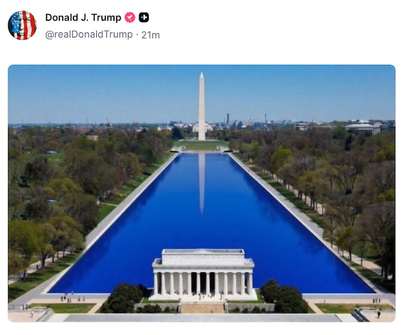 An AI generated image showing Washington’s Reflecting Pool transformed into a glowing electric-blue strip stretching toward the Washington Monument.