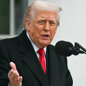 President Donald Trump speaks during the turkey pardon ceremony in the Rose Garden of the White House in Washington, DC on November 25, 2025.