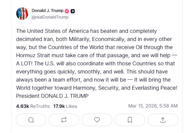 Trump has claimed that allies will come to the aid of the U.S. in getting the Strait open.