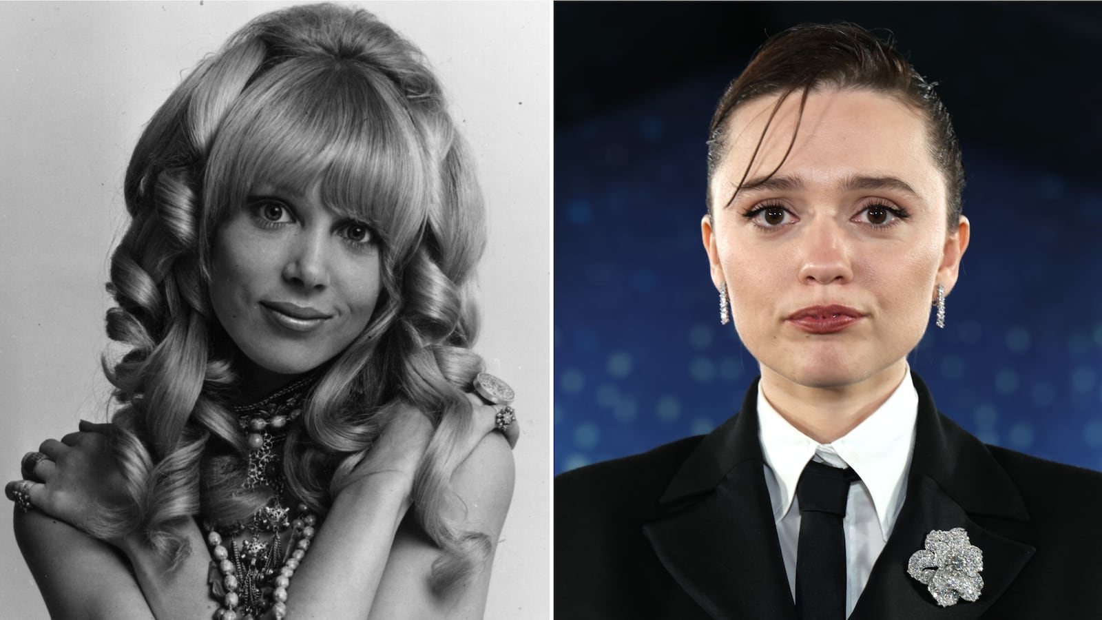 Pattie Boyd in 1967 (left), Aimee Lou Wood in 2025 (right)