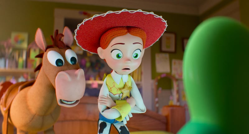 (L-R): Bullseye and Jessie with Lilypad in Disney and Pixar's TOY STORY 5. Photo courtesy of Pixar.