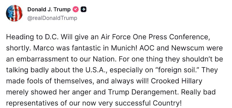 Donald Trump Truth Social post about Newsom and AOC